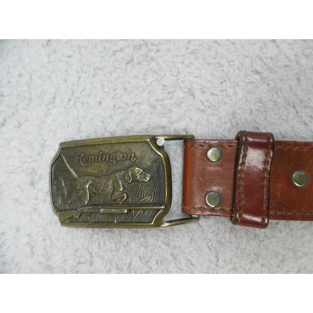 Vintage Remington Western Leather Belt Mens 38 Brown Dog Buckle Hunting 1974